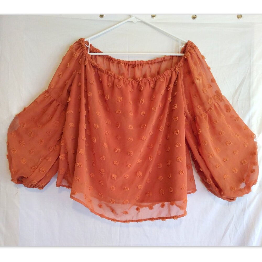 Joress Curve Burnt Orange Swiss Dot Cropped Off Shoulder Top Plus 2XL Romantic